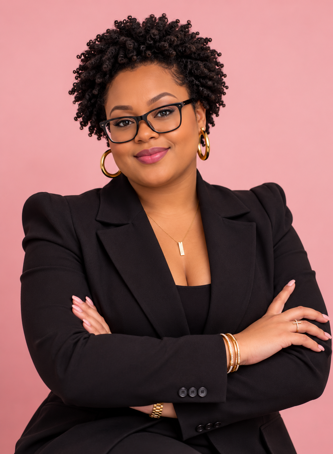 Teena Dew in a black blazer against a muted rose background