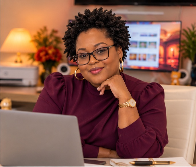 Teena Dew seated at her desk in a burgundy blouse
