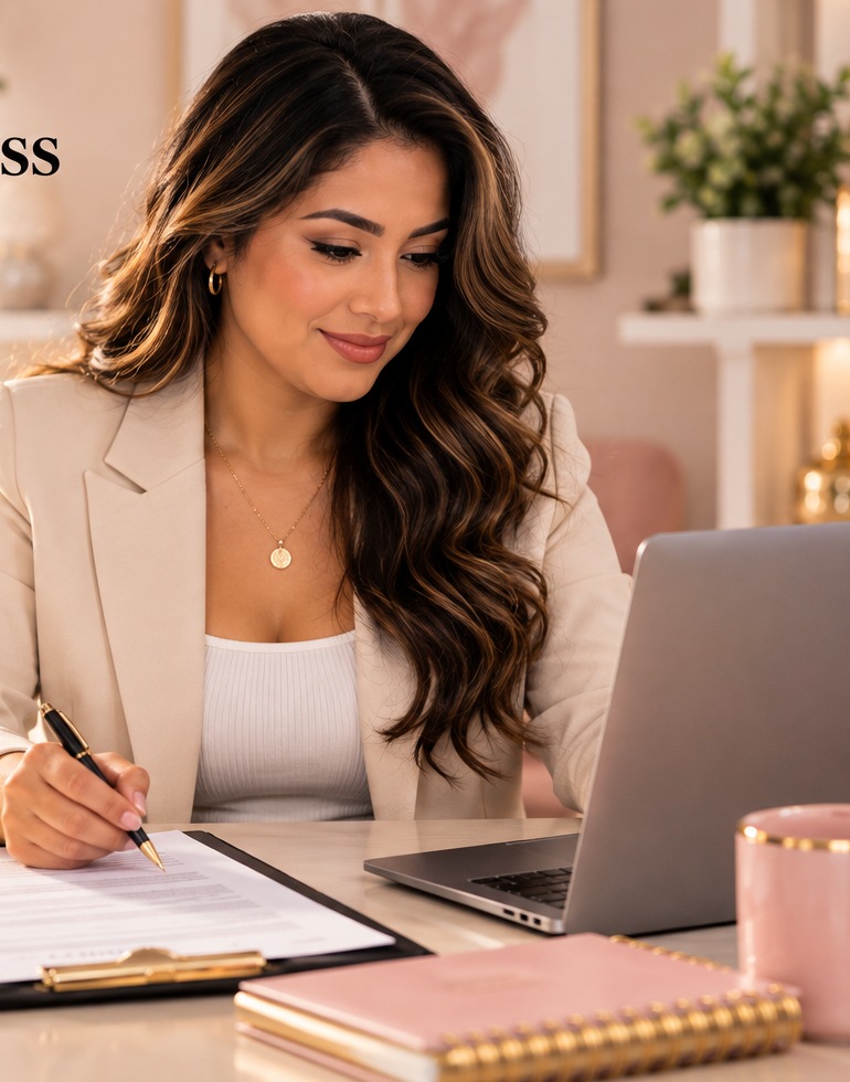 Latina client preparing for an online notarization at her laptop