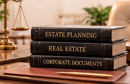 Professional law office with legal reference books and a balanced scale