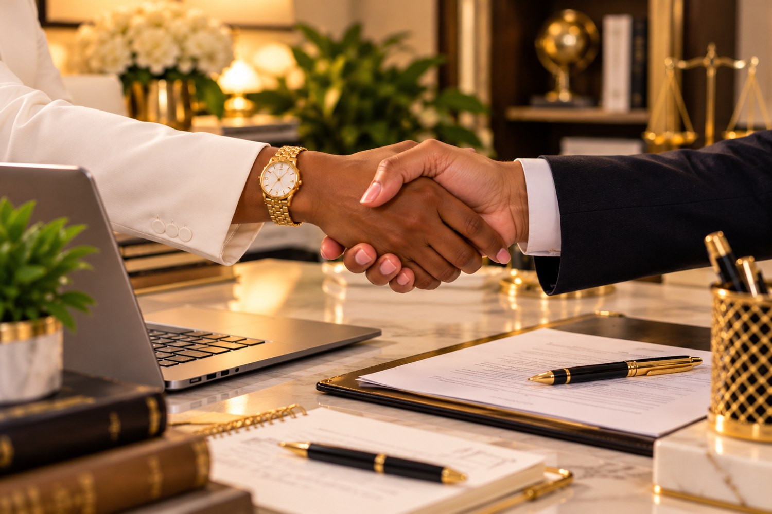A brown-skinned professional shaking hands with a light-skinned law firm partner